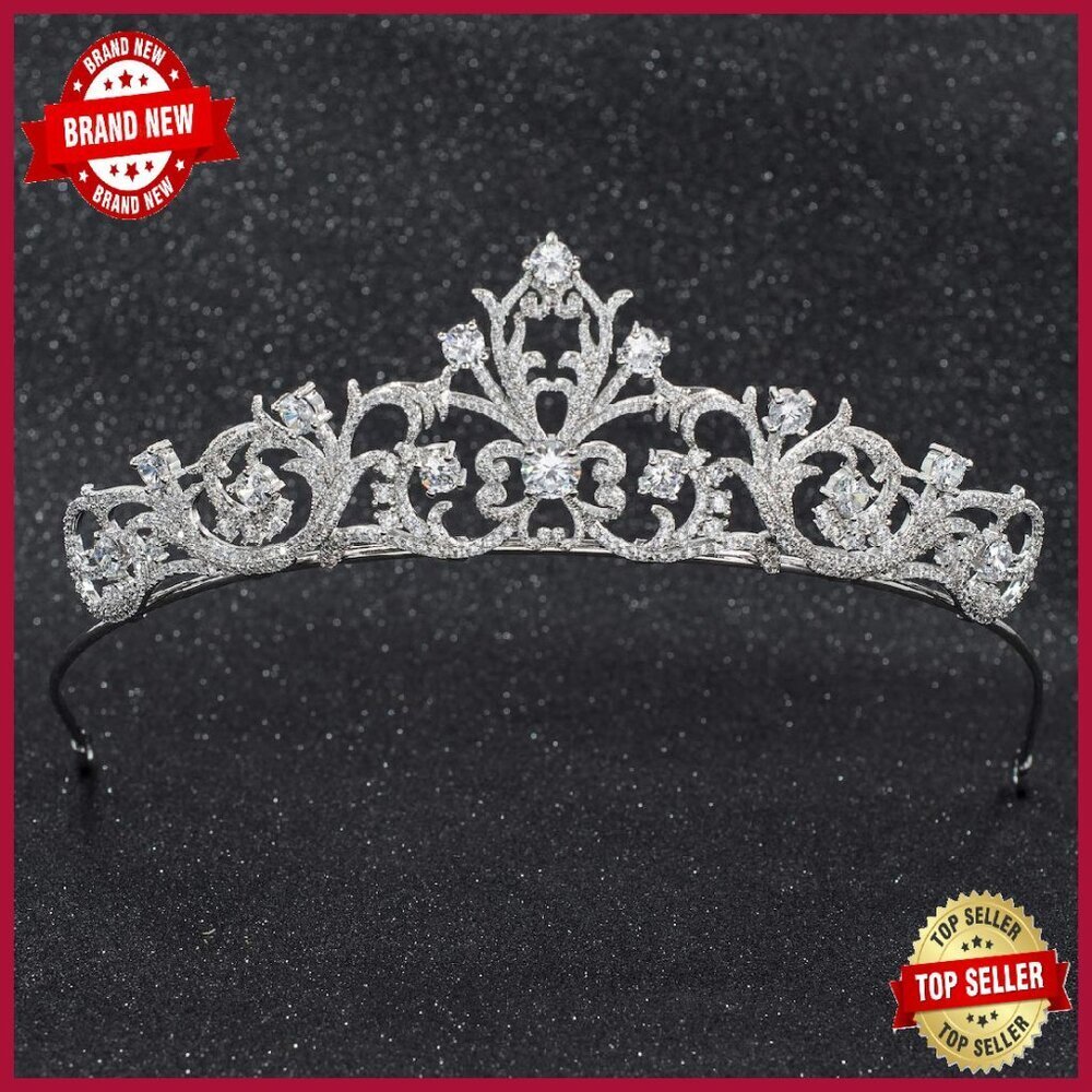 Platinum Plated Copper Wedding Tiara with Cubic Zirconia Crystals